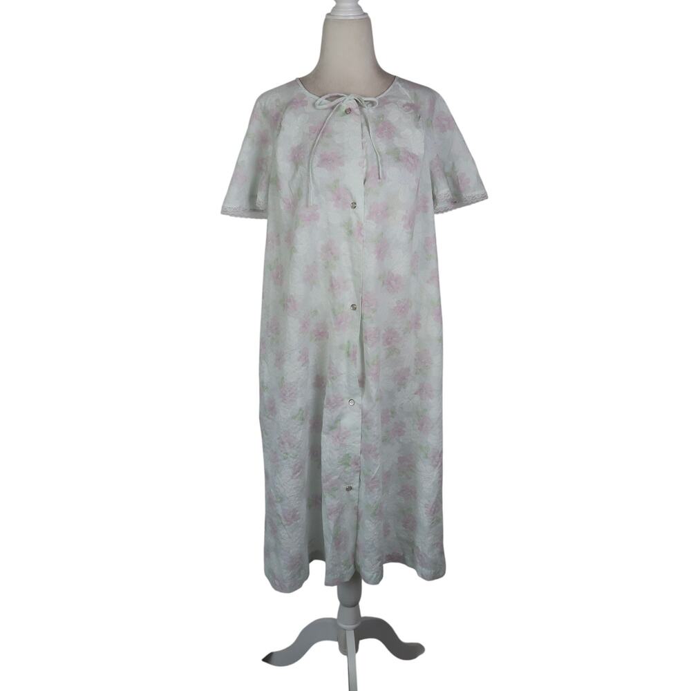 Vintage 80s Lorraine White Floral Print House Dress Nightgown S